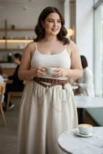 Plus Size Brown Women's Dress Set with Belt Chain Detail and Ring Embellished - SH621 - Image 5