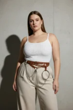 Plus Size Brown Women's Dress Set with Belt Chain Detail and Ring Embellished - SH621 - Image 8