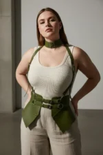 Plus Size Khaki Women's Leather Corset Style with Belt and Shoulder Straps - SH622 - Image 10