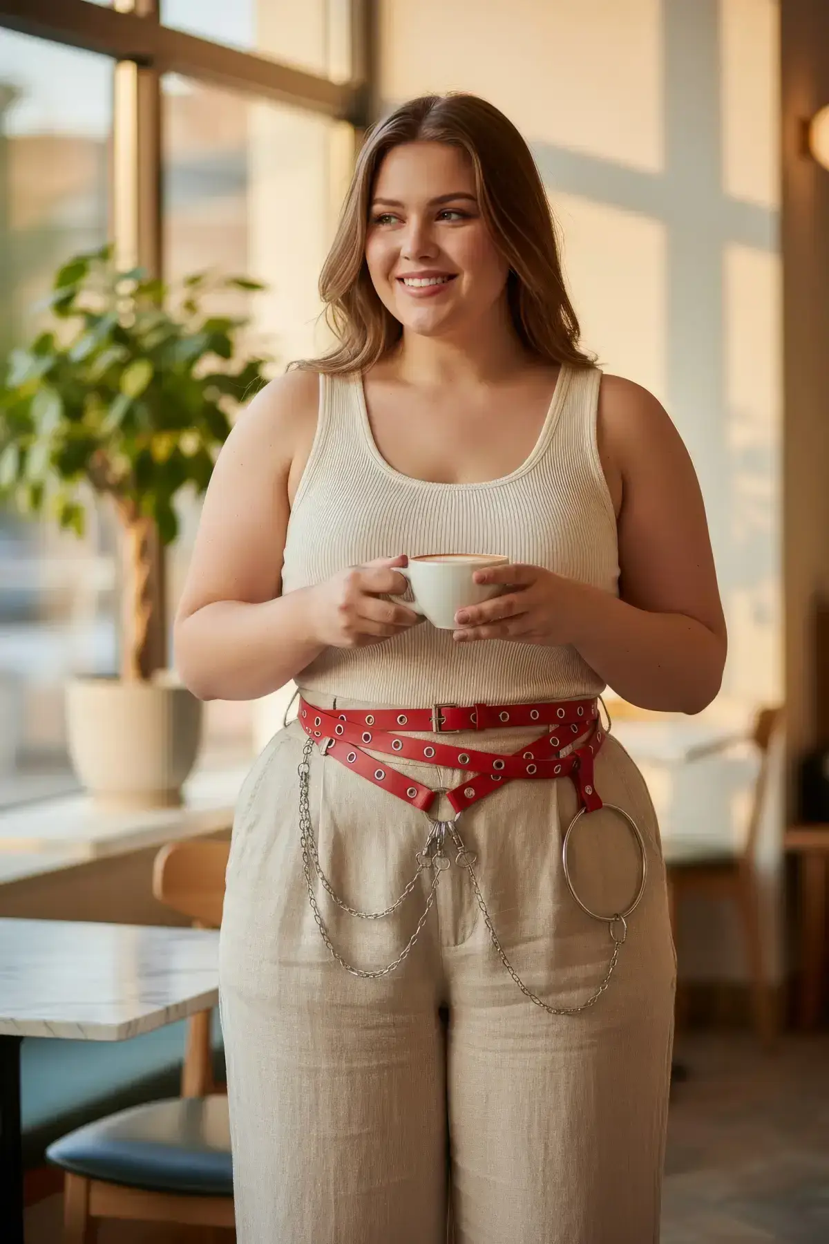 Plus Size Red Women's Belt with Multiple Straps, Chain and Ring Detail - SH621