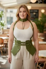 Plus Size Khaki Women's Leather Corset Style with Belt and Shoulder Straps - SH622