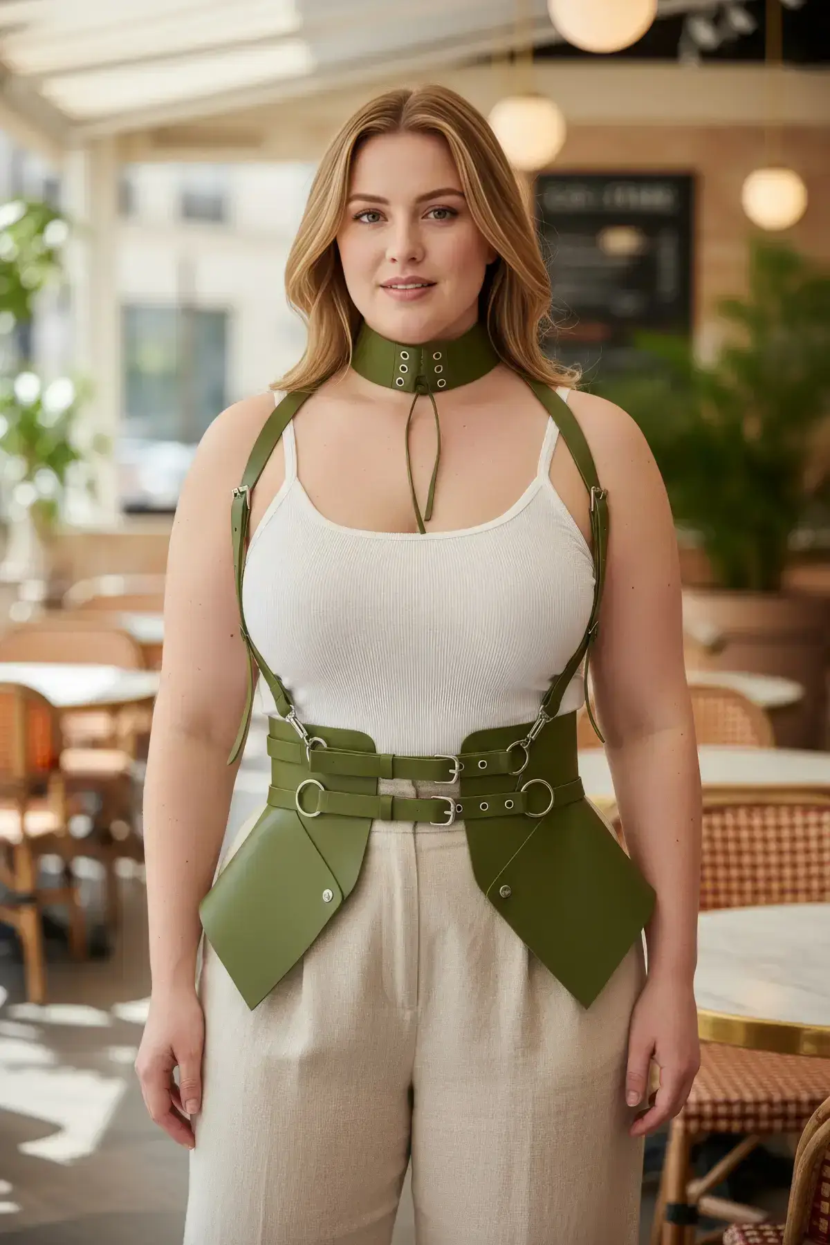 Plus Size Khaki Women's Leather Corset Style with Belt and Shoulder Straps - SH622