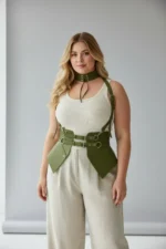 Plus Size Khaki Women's Leather Corset Style with Belt and Shoulder Straps - SH622 - Image 3