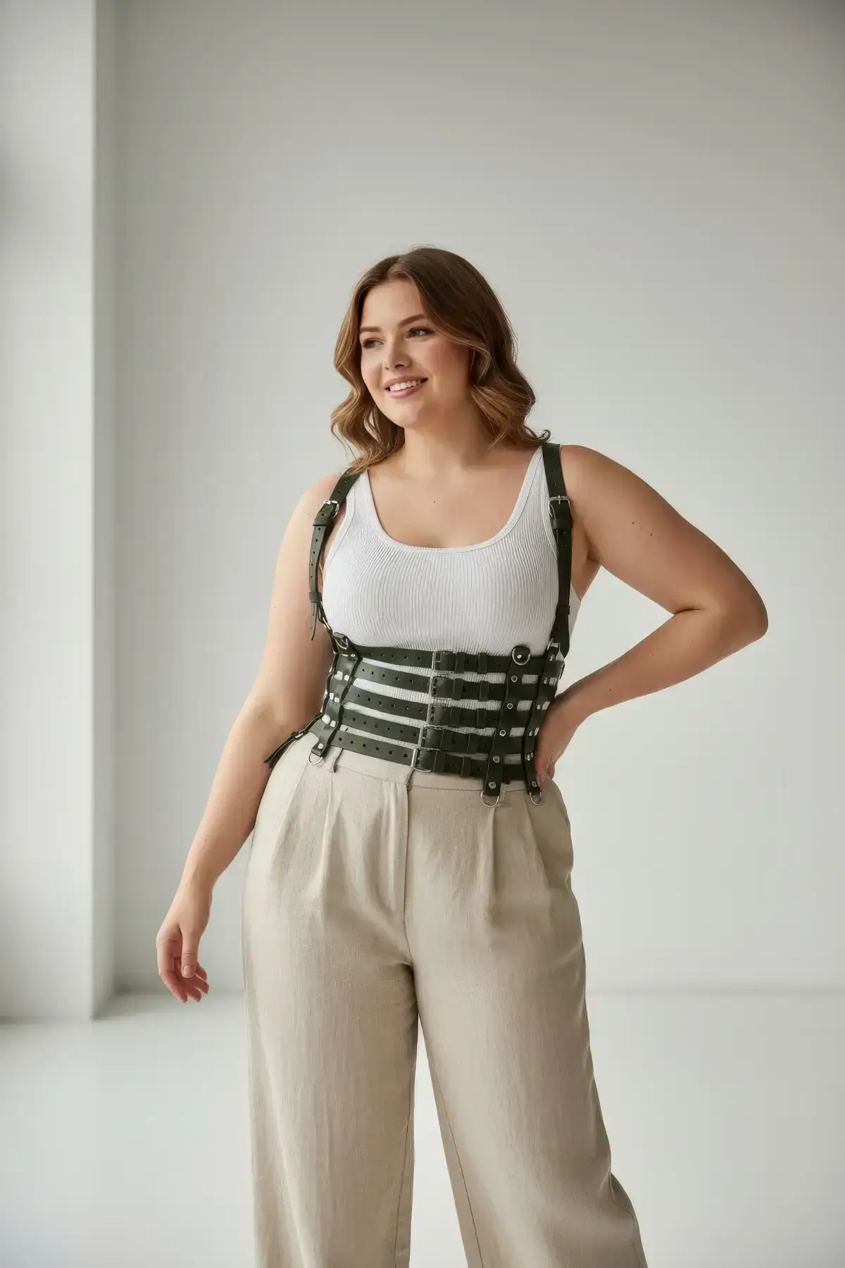 Plus Size Khaki Women's Belted Shoulder Strap Leather Corset Style Wide Accessory - SH630