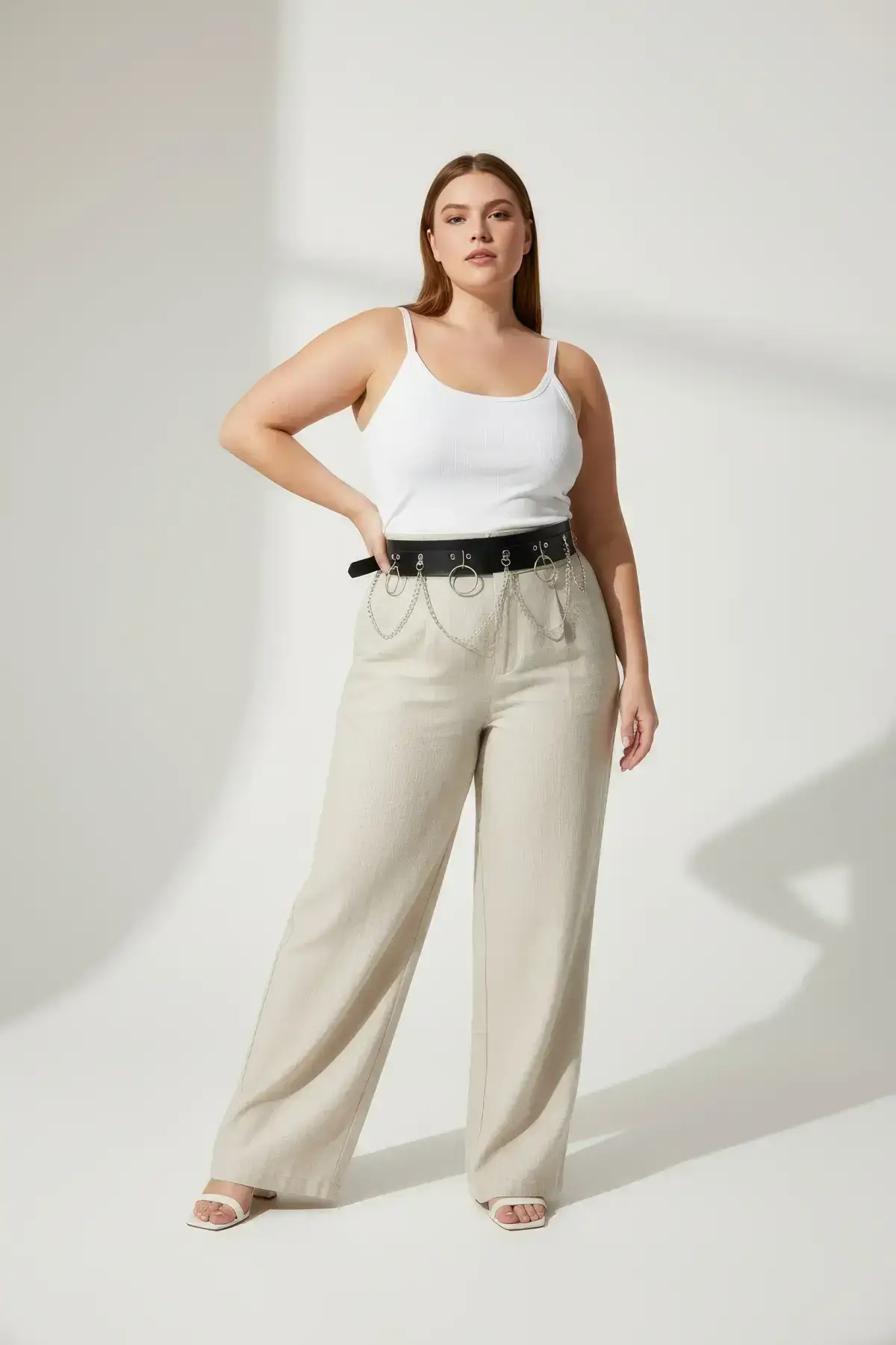 Plus Size Black Women's Belt with Chain and Ring Detail, Leather Look - SH639