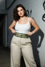 Plus Size Khaki Women's Thick Belt with Double Row Eyelet Detail - SH641 - Image 4