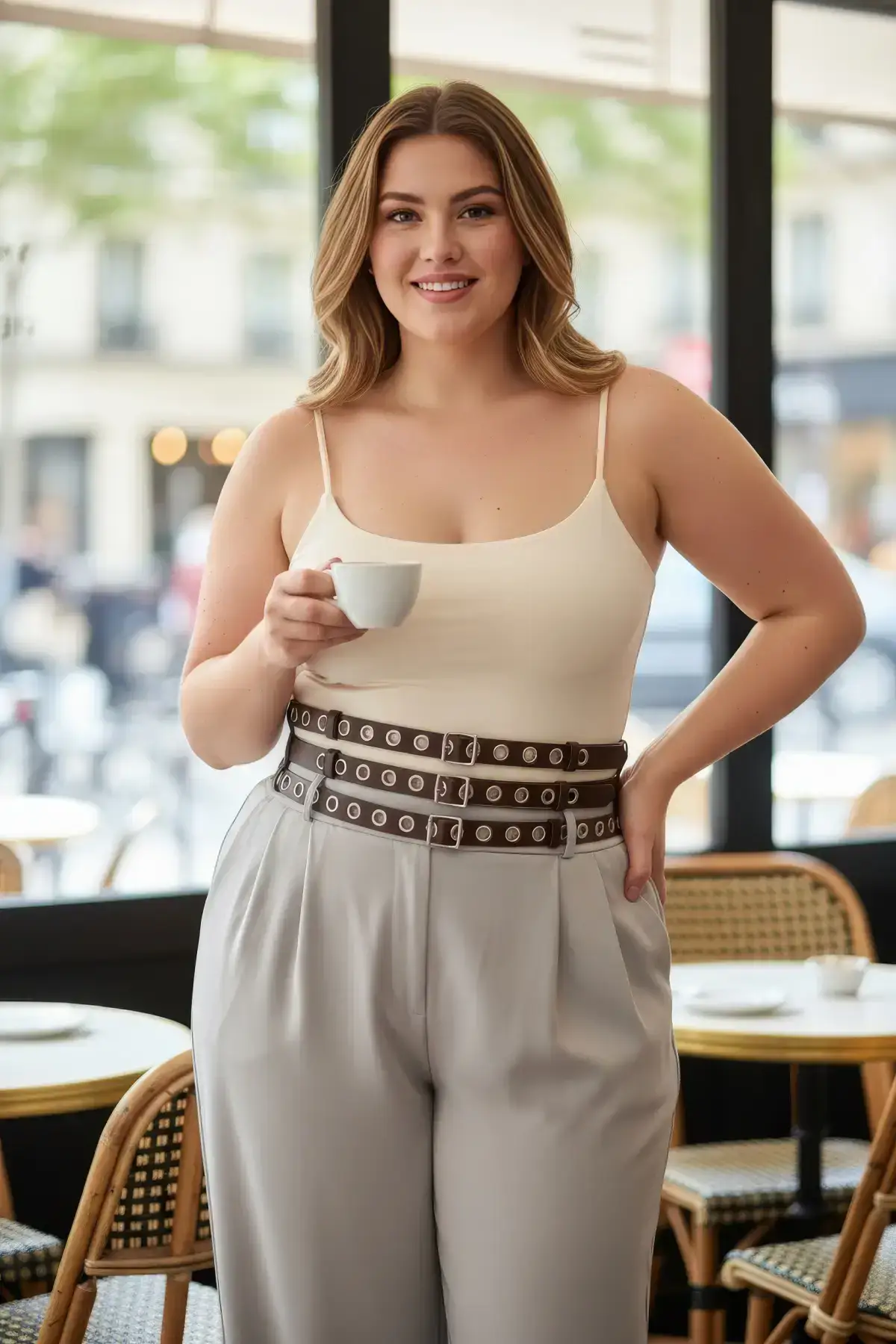 Plus Size Dark Brown Women's Wide Belt with Three Rows of Metal Eyelets - SH641