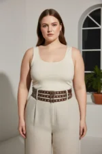 Plus Size Dark Brown Women's Wide Belt with Three Rows of Metal Eyelets - SH641 - Image 5
