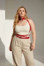 Plus Size Red Women's Leather Harness with Metal Ring Detail - SH644 - Image 2