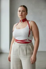 Plus Size Red Women's Leather Harness with Metal Ring Detail - SH644 - Image 3