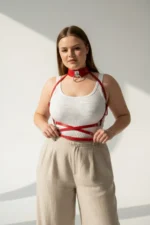 Plus Size Red Women's Leather Harness with Metal Ring Detail - SH644 - Image 5