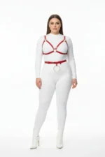Plus Size Red Women's Leather Harness Set with Ring Detail Bra and Belt Combination - SH651