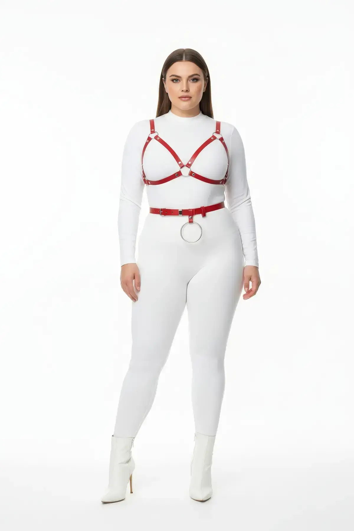Plus Size Red Women's Leather Harness Set with Ring Detail Bra and Belt Combination - SH651
