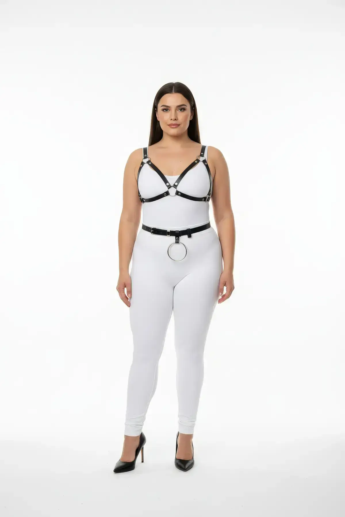 Plus Size Black Women's Leather Harness Set with Ring Detail Fantasy Body Accessory - SH651