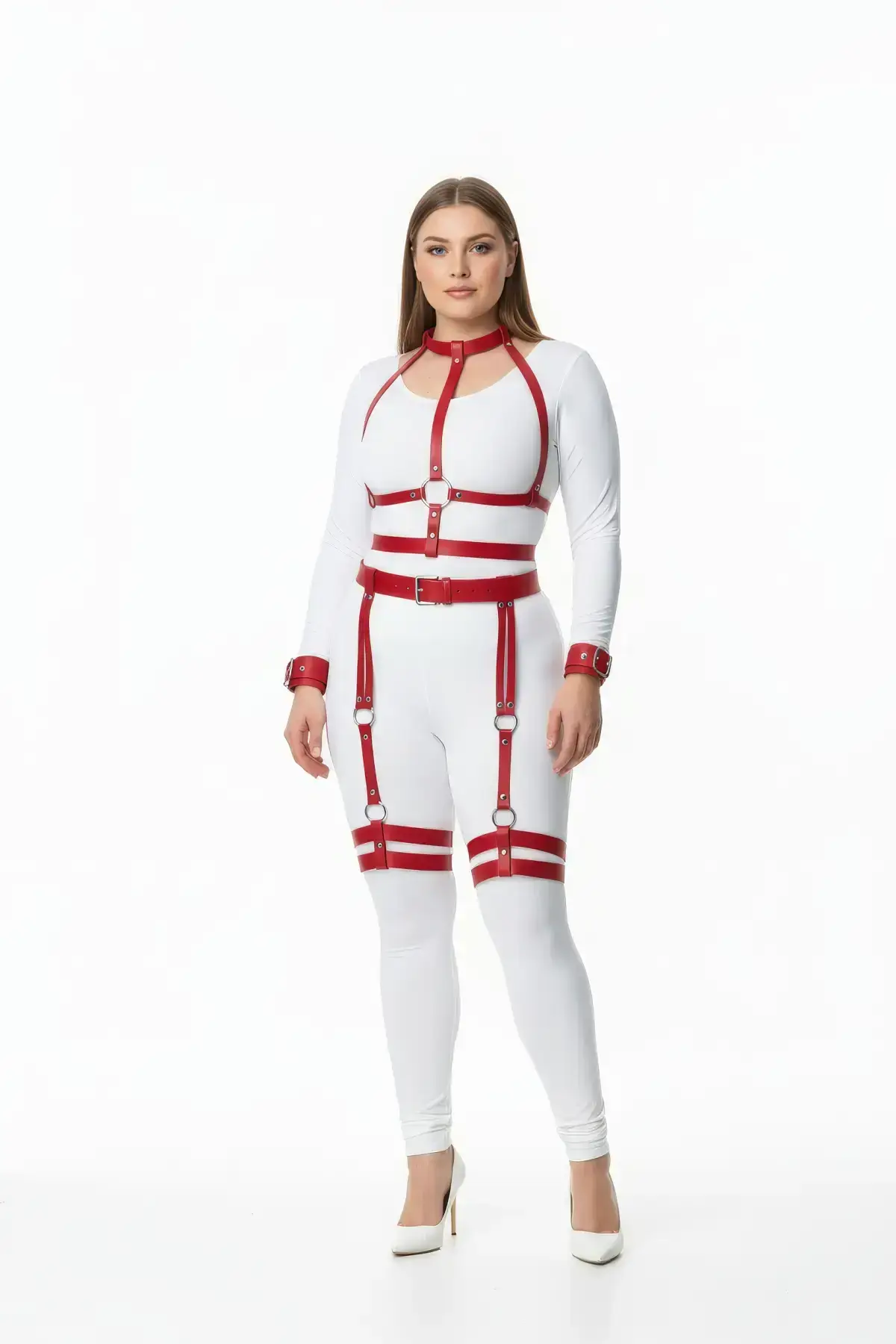 Plus Size Red Women's Harness Set with Garter and Ring Details - SH697