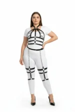 Plus Size Black Women's Harness Set with Chain Detail, Full Body Leather Accessory - SH698