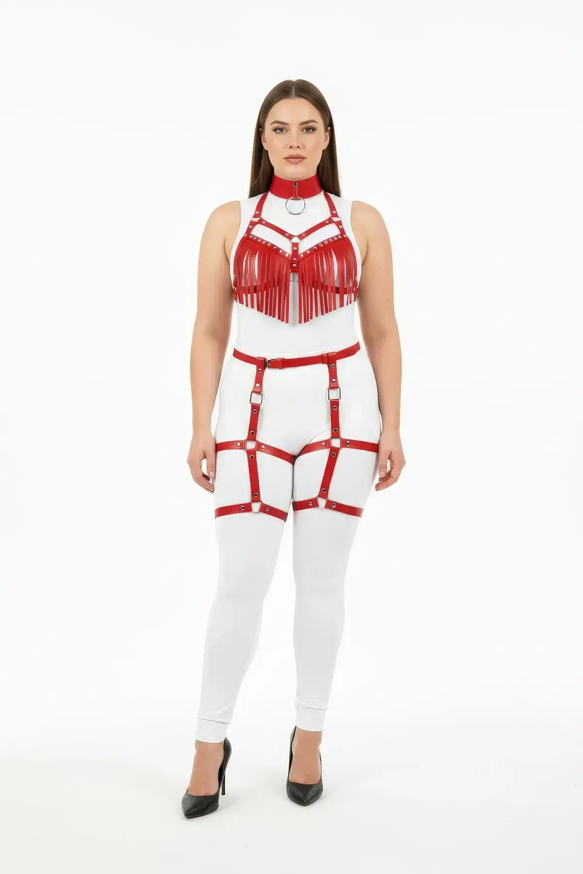 Plus Size Red Women's Leather Harness Set with Tassel Detail and Garter Belt - SH715