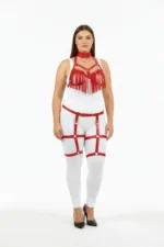 Plus Size Red Women's Leather Harness Set with Tassel Detail and Garter Belt - SH715 - Image 2