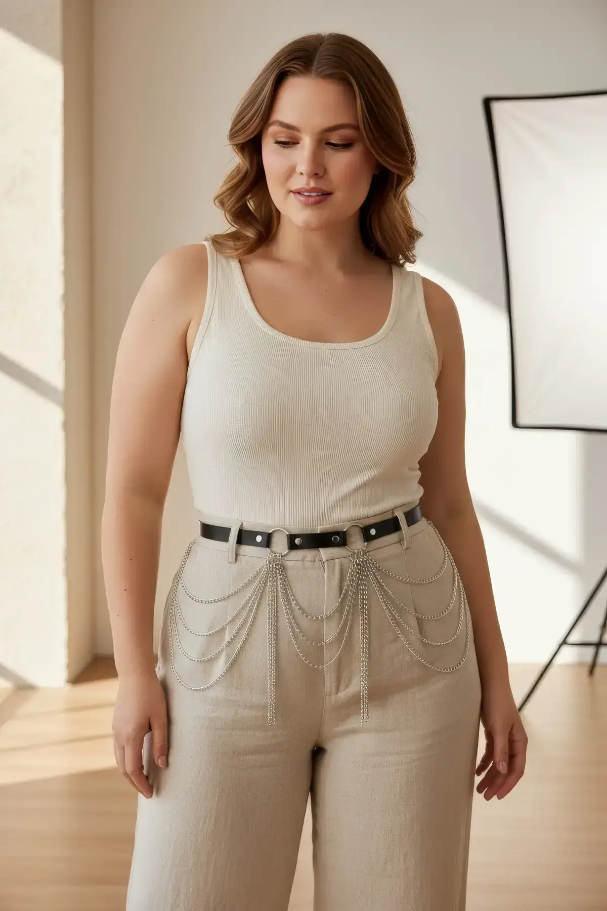 Plus Size Black Women's Layered Belt with Chain Detail Outfit Complementary - SH729