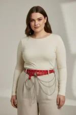 Plus Size Red Women's Belt with Chain and Ring Detail, Leather Look - SH731 - Image 3