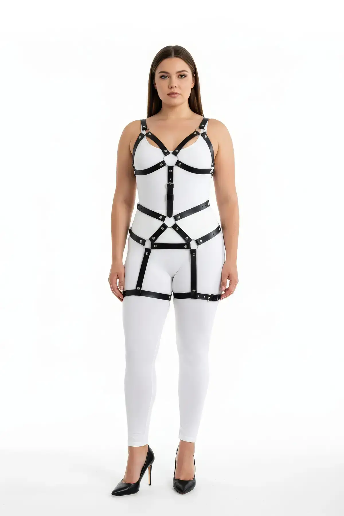 Plus Size Black Women's Harness Set Leather Bodysuit Fantasy Accessory - SH750