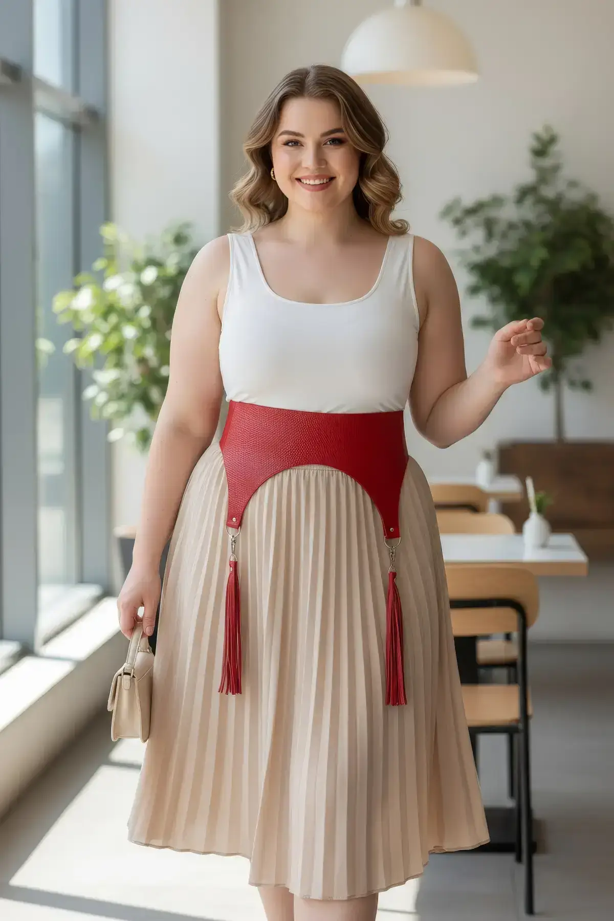 Plus Size Red Women's Leather Corset Design with Belt and Tassel Detail - SH755