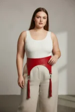 Plus Size Red Women's Leather Corset Design with Belt and Tassel Detail - SH755 - Image 3