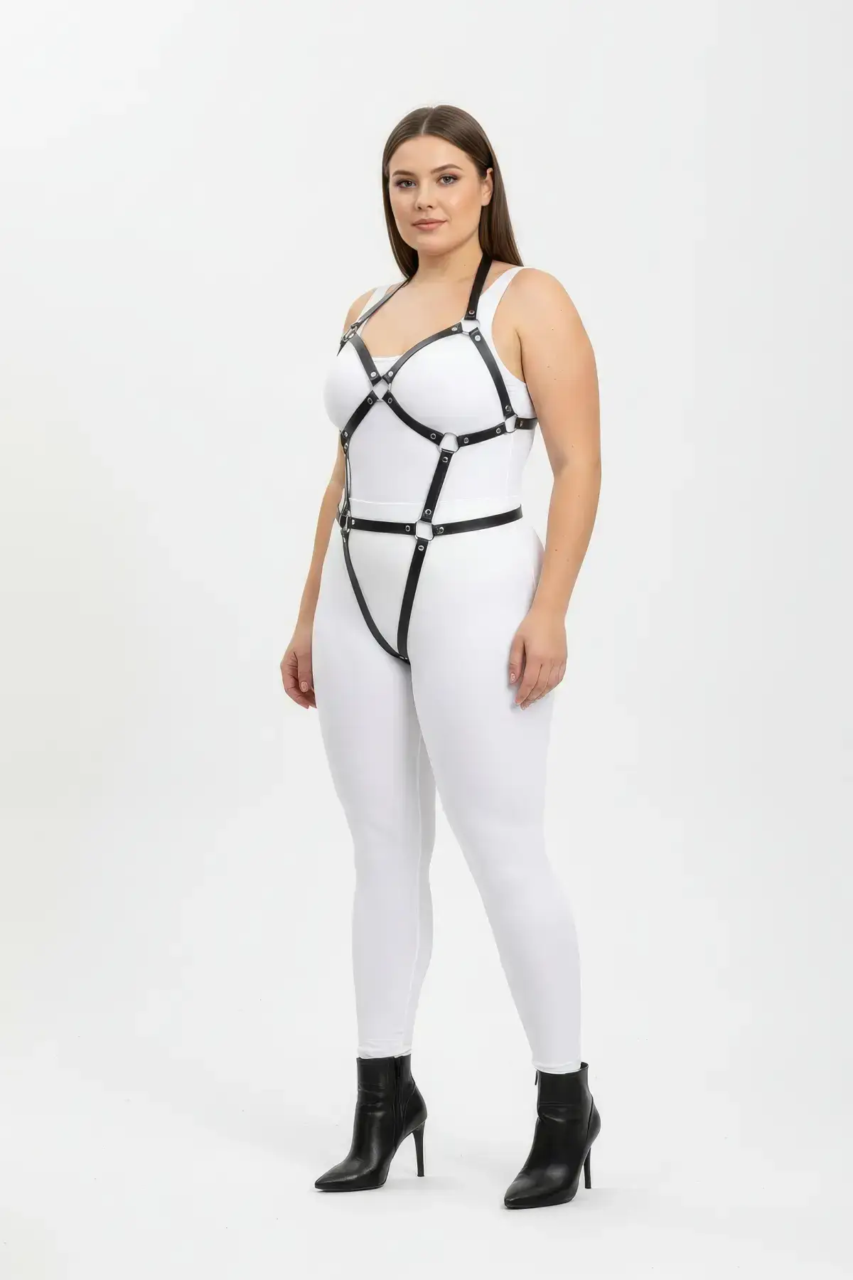 Plus Size Black Women's Full Body Leather Harness Set with Ring Detail Fantasy Accessory - SH759