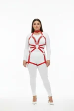 Plus Size Red Women's Leather Harness Set with Chain and Garter Details - SH781