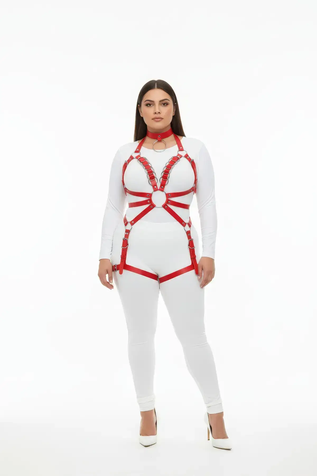 Plus Size Red Women's Leather Harness Set with Chain and Garter Details - SH781