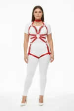 Plus Size Red Women's Leather Harness Set with Chain and Garter Details - SH781 - Image 2