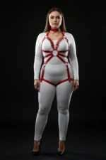 Plus Size Red Women's Leather Harness Set with Chain and Garter Details - SH781 - Image 3