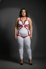 Plus Size Red Women's Leather Harness Set with Chain and Garter Details - SH781 - Image 4