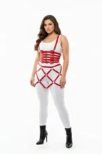 Plus Size Red Skirt with Bustier-Look Cage Design Leather Harness - SH785