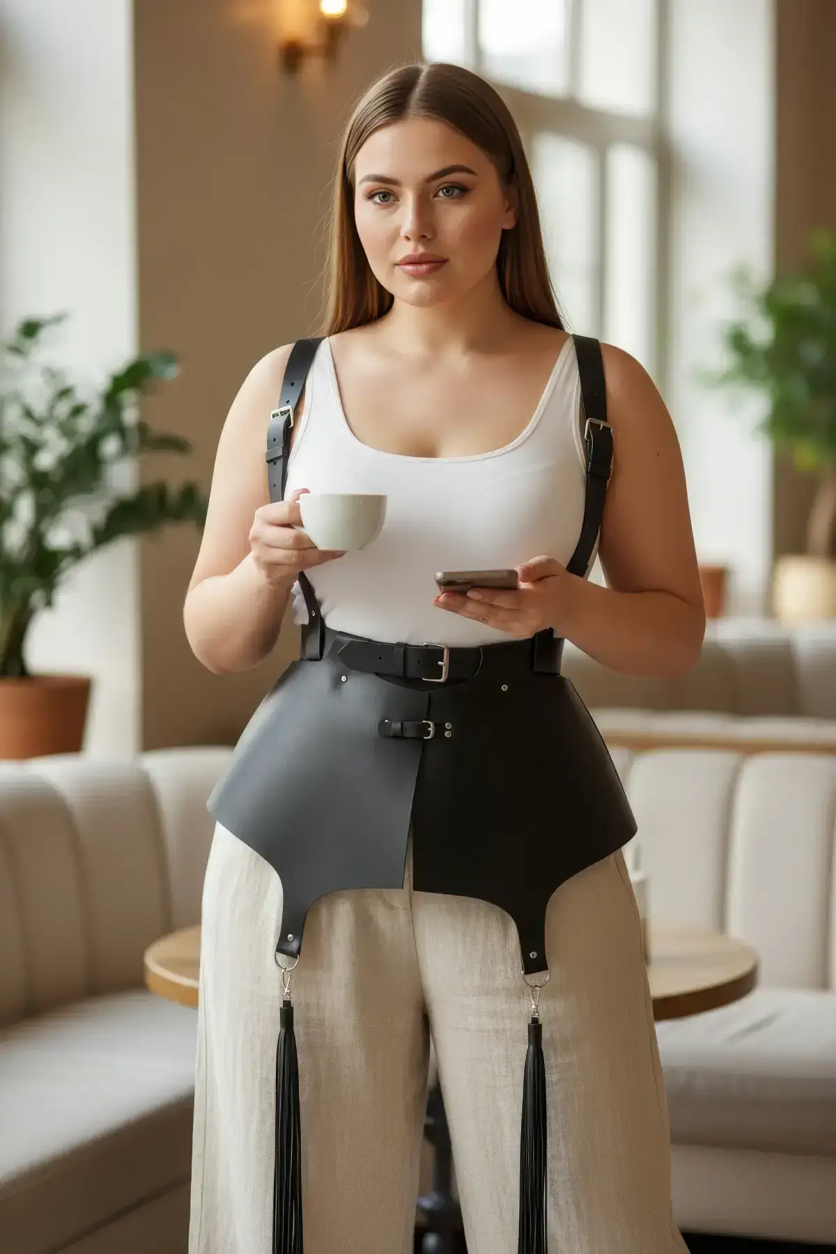 Plus Size Black Women's Leather Corset Belt with Shoulder Straps and Tassel Detail - SH787