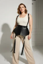 Plus Size Black Women's Leather Corset Belt with Shoulder Straps and Tassel Detail - SH787 - Image 4