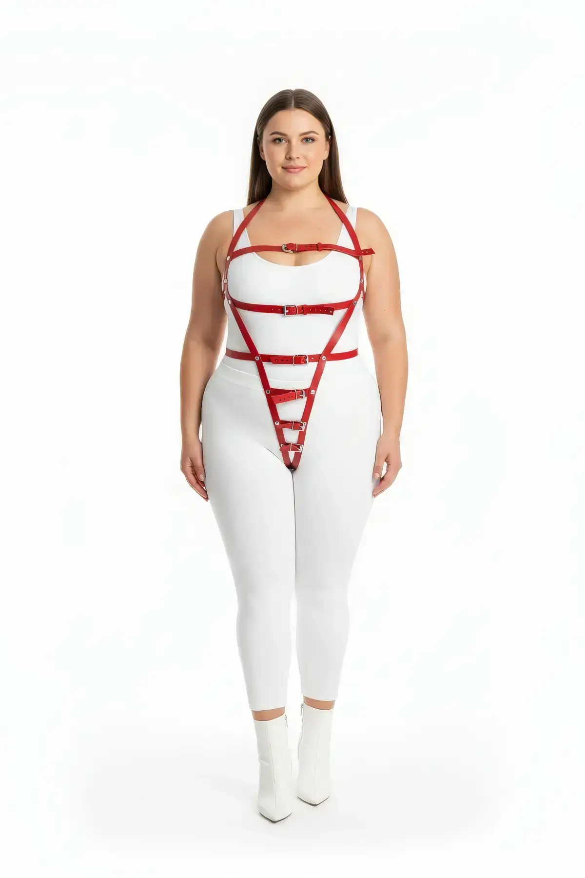 Plus Size Red Women's Harness Set with Adjustable Belt, Leather Fancy Accessory - SH790