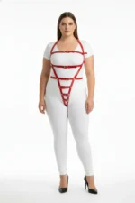 Plus Size Red Women's Harness Set with Adjustable Belt, Leather Fancy Accessory - SH790 - Image 2
