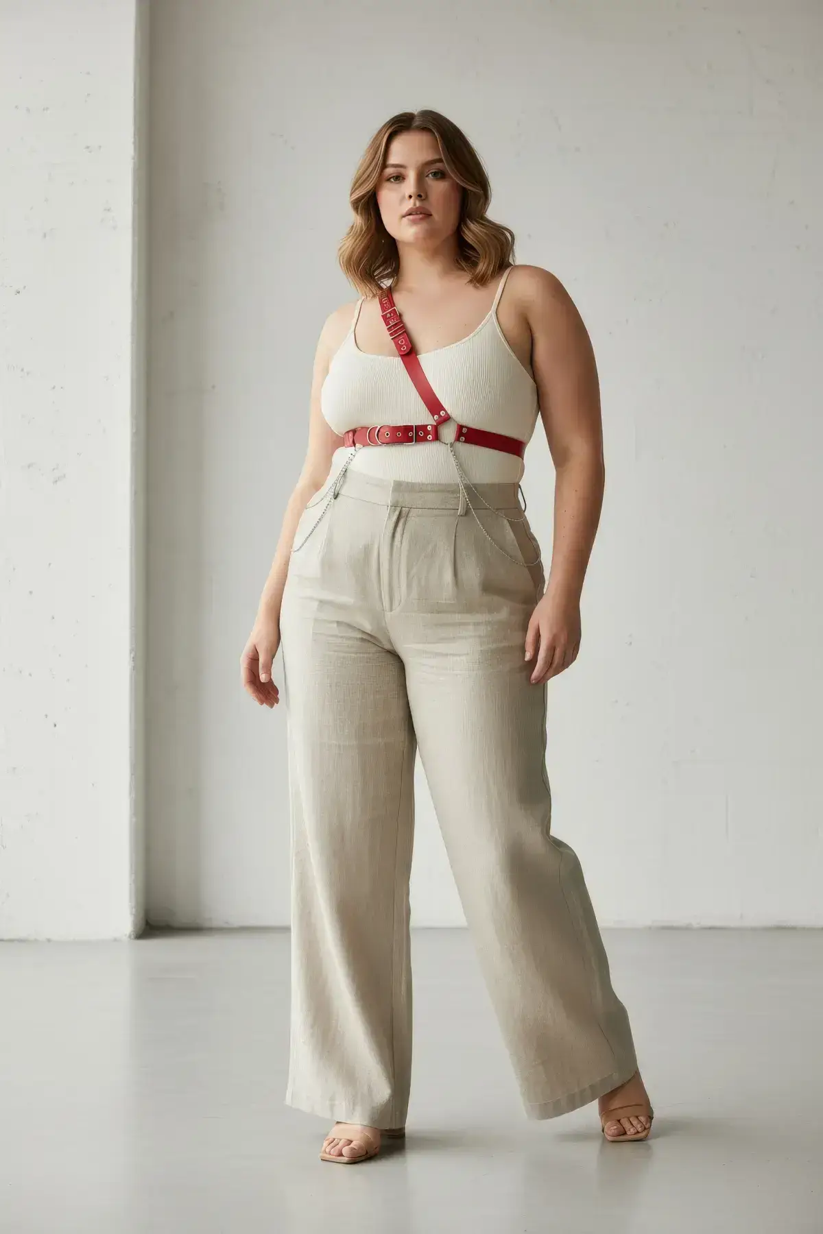 Plus Size Red Women's Leather Harness Belt with Chain Detail Body Accessory - SH813