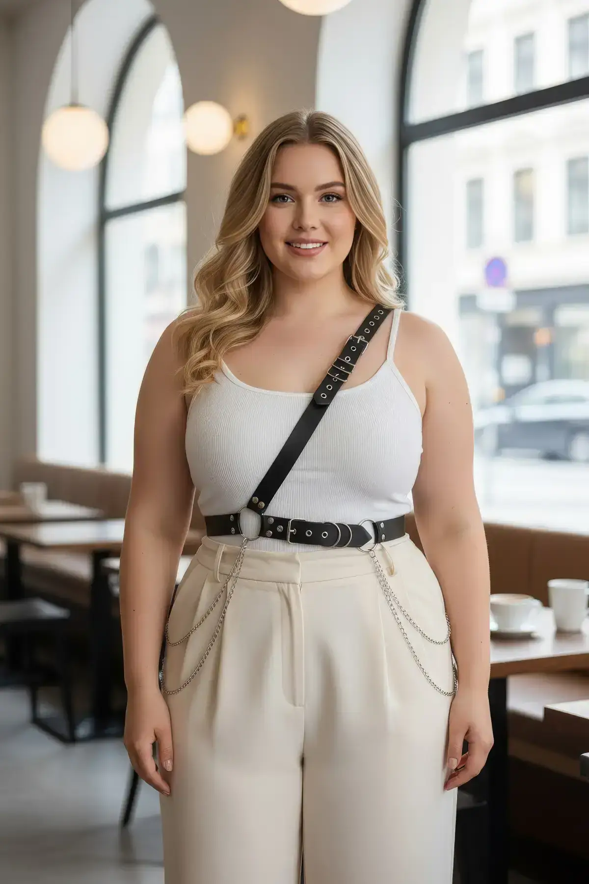 Plus Size Black Women's Belt Chain Detail Body Harness Style Body Accessory - SH813