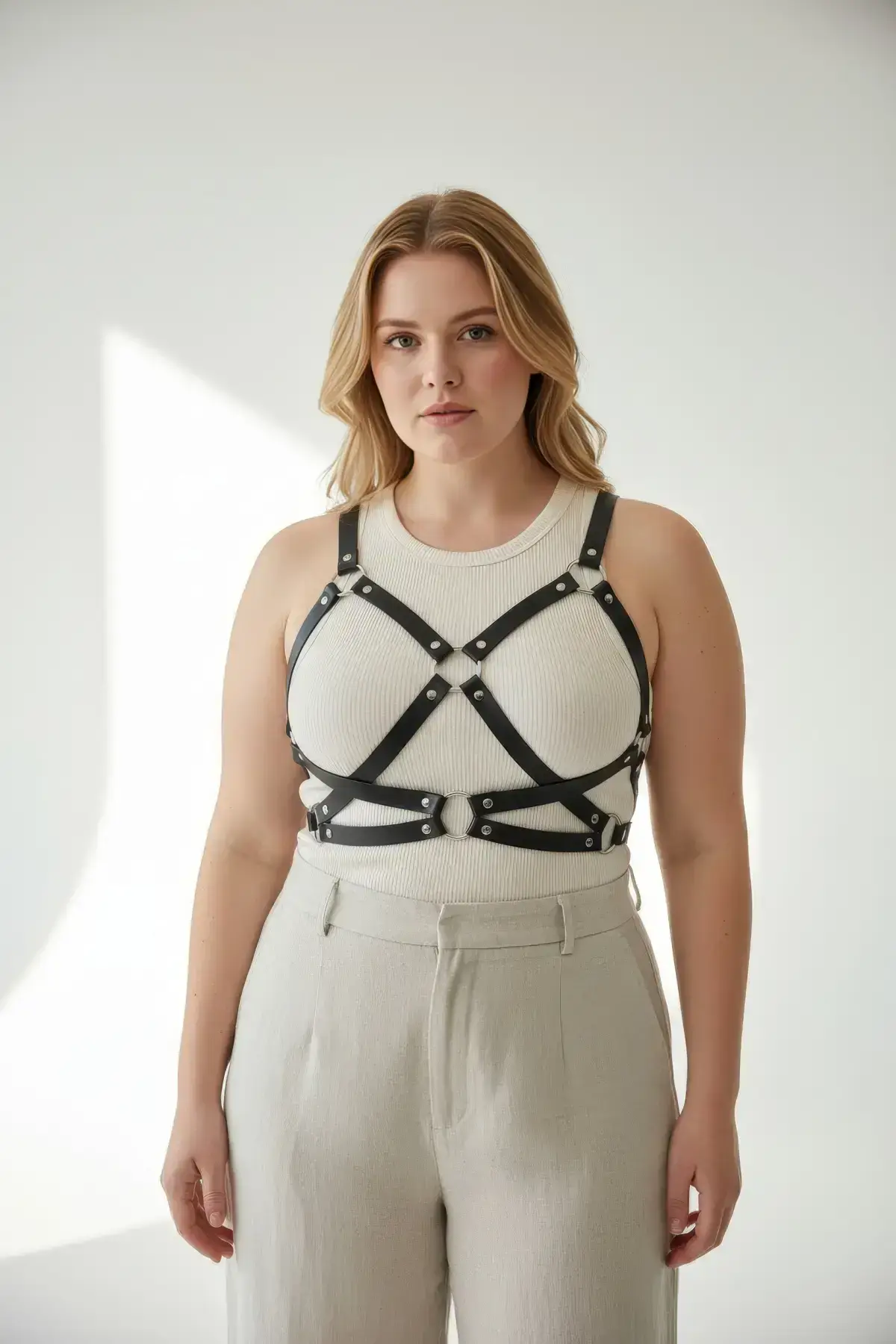 Plus Size Black Women's Leather Harness Body Accessory with Belt and Ring Detail - SH816