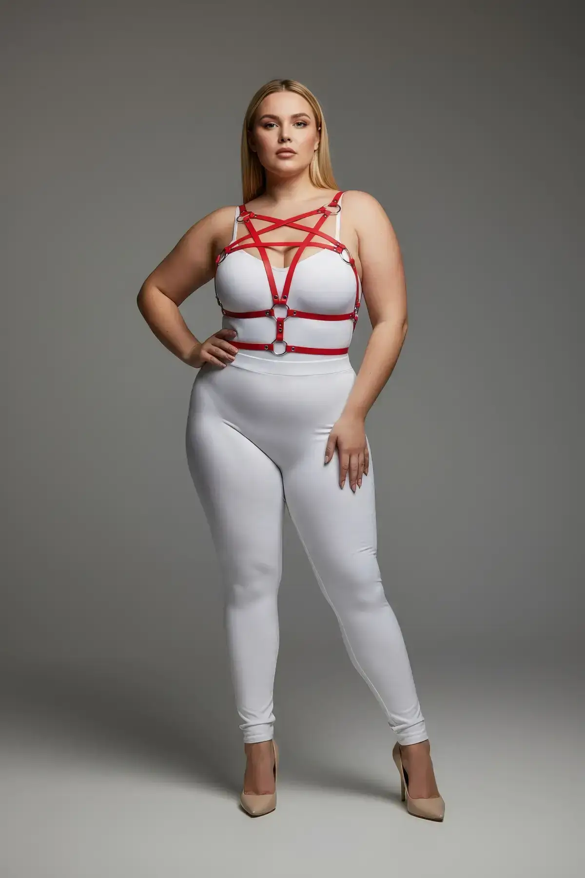 Plus Size Red Women's Leather Harness Set with Ring Detail Fantasy Accessory - SH821