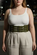 Plus Size Khaki Women's Leather Corset Belt, Three-Strap Thick Waist Accessory - SH827 - Image 5