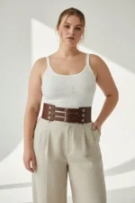 Plus Size Brown Women's Belted Wide Waist Corset Detail - SH827 - Image 3