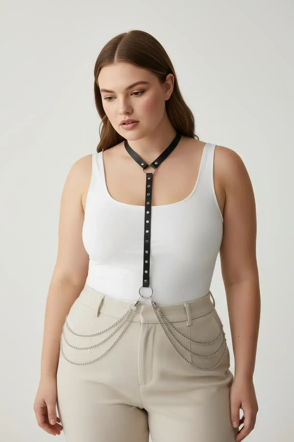 Plus Size Black Women's Body Belt with Chain Detail, Leather Look Accessory - SH840