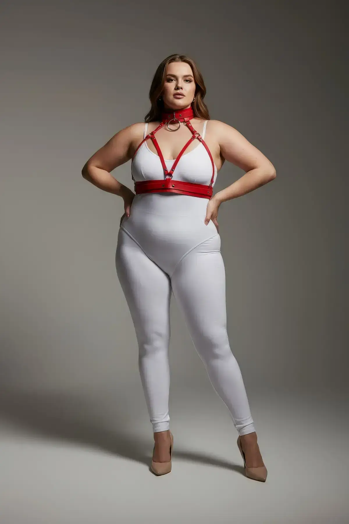 Plus Size Red Women's Harness Set Fantasy Leather Collar Detail Body Accessory - SH841