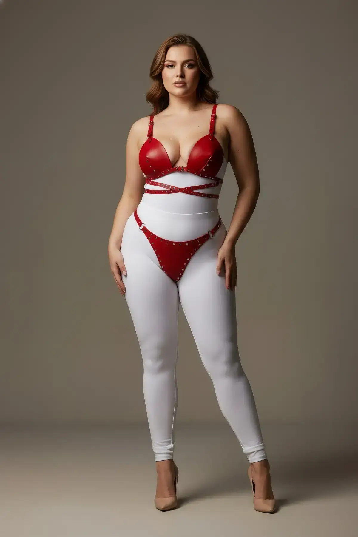 Plus Size Red Women's Harness Set Sexy Leather with Stud Details - SH849