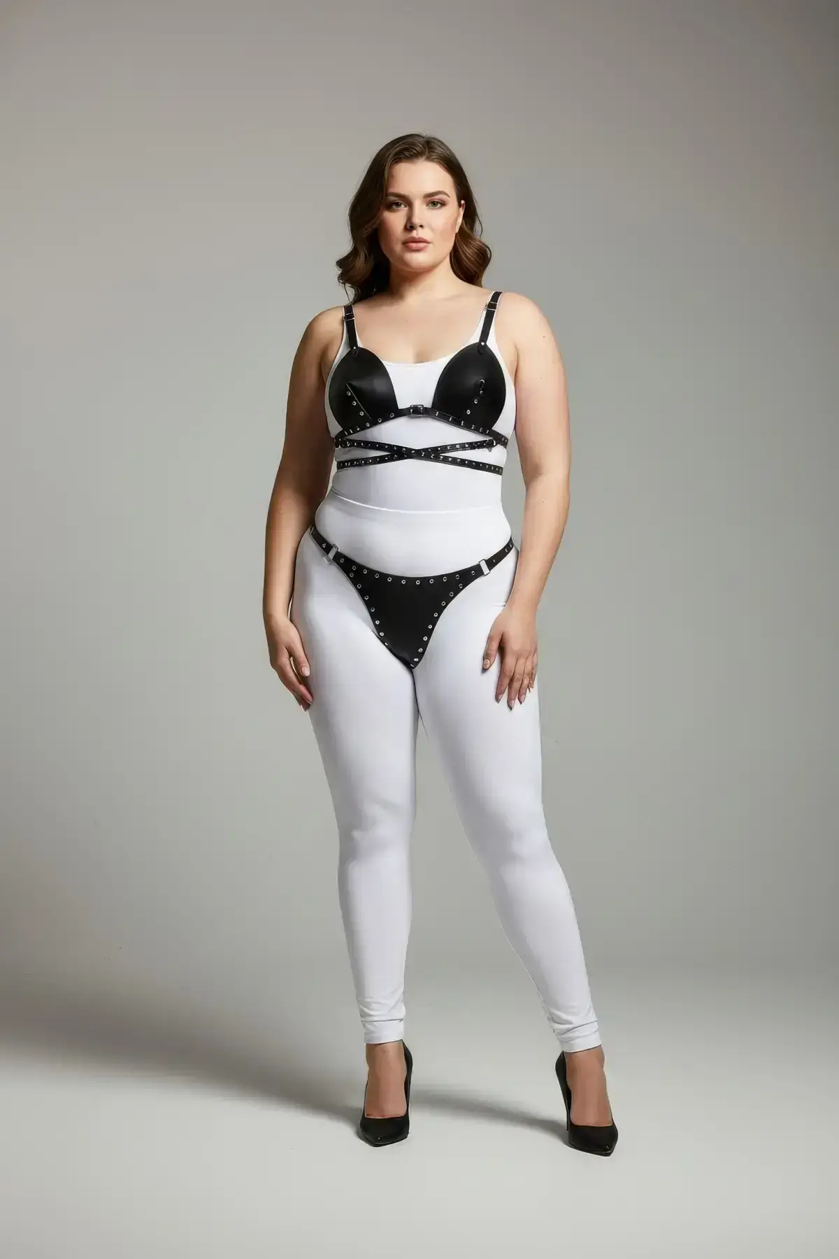 Plus Size Black Women's Harness Set with Stud Details, Fancy Leather - SH849