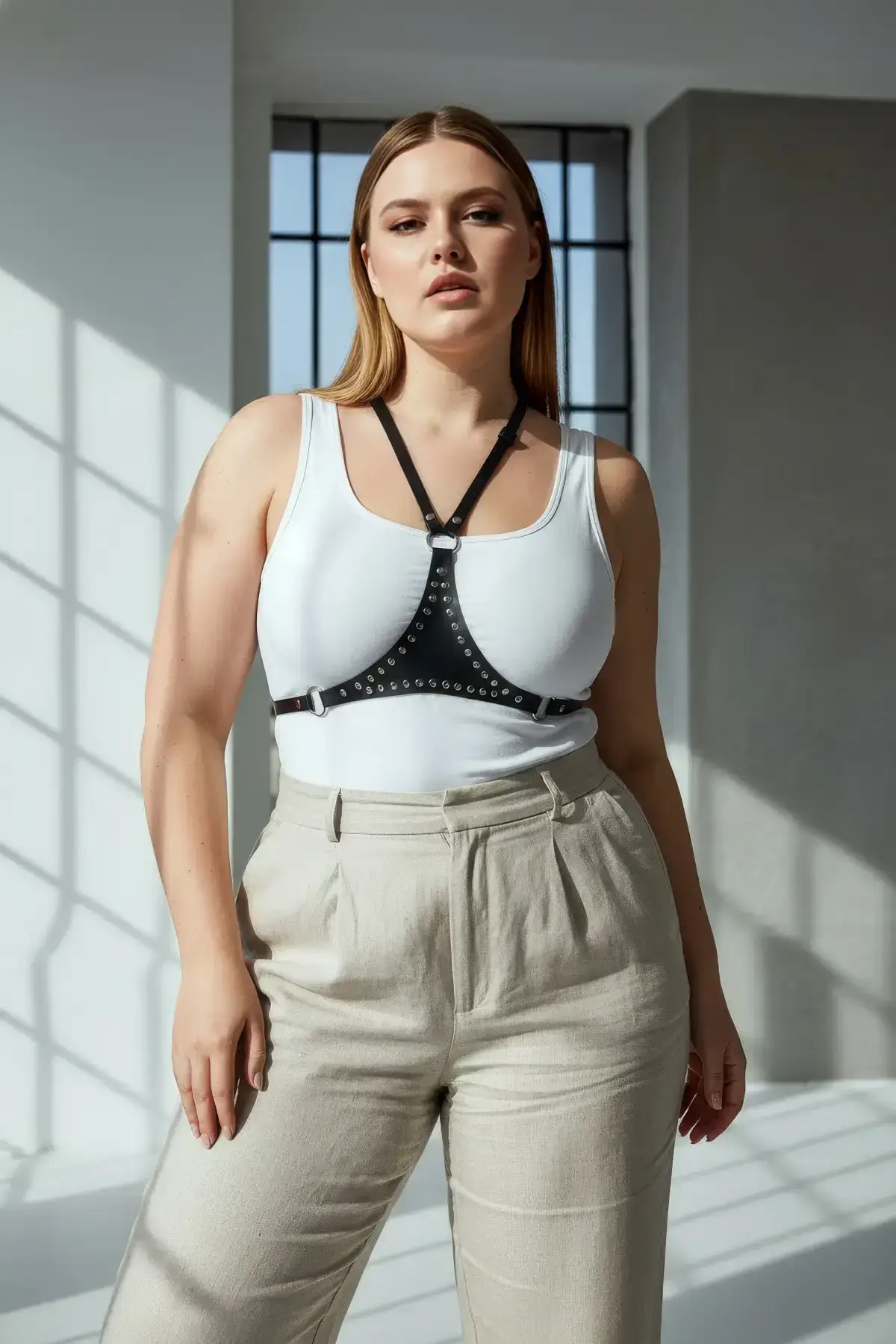 Plus Size Black Women's Belt Studded Leather Body Harness Accessory - SH850