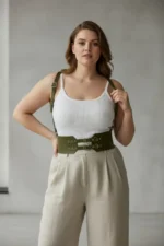 Plus Size Khaki Women's Leather Belted Shoulder Strap Corset with Eyelet Detail - SH853 - Image 2